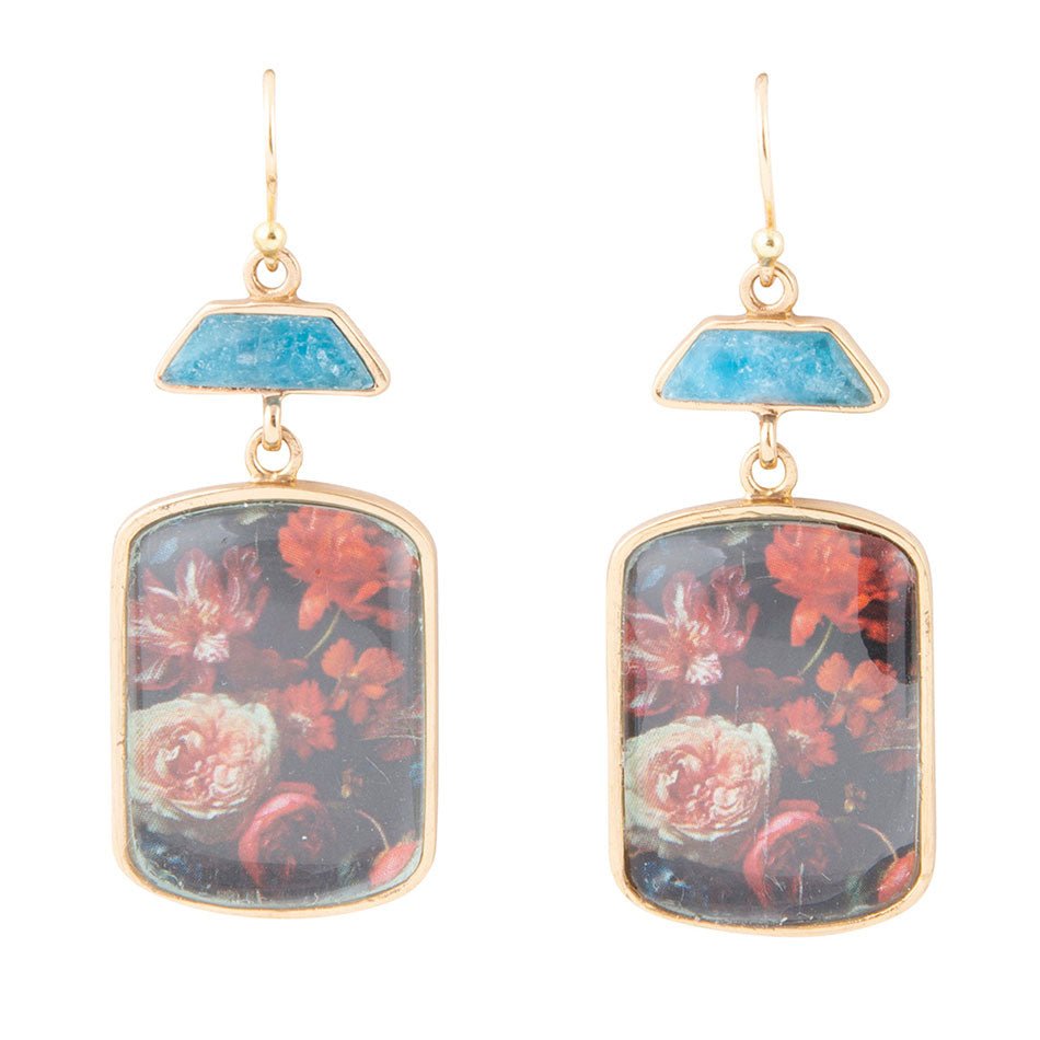 Scenic Dark Florals Blue Apatite Golden Drop Earrings Barse Jewelry