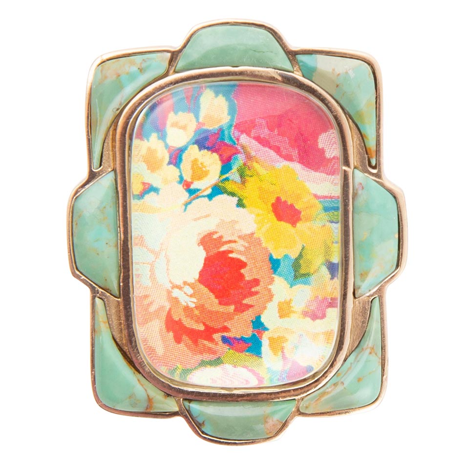 Scenic Floral Blue Turquoise Golden Ring Barse Jewelry