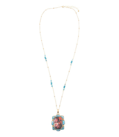Scenic Red Florals Blue Apatite Golden Pendant Necklace Barse Jewelry