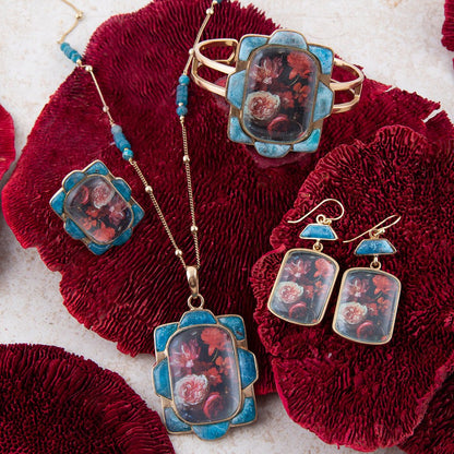 Scenic Red Florals Blue Apatite Golden Pendant Necklace Barse Jewelry