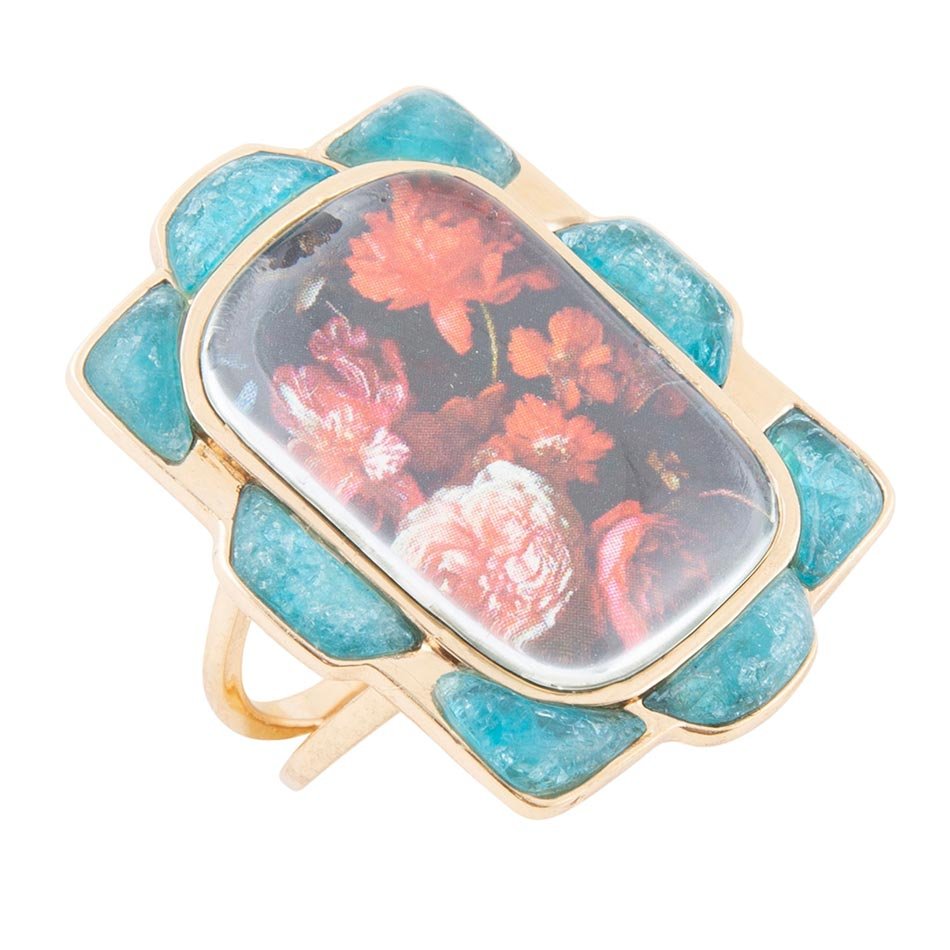 Scenic Red Florals Blue Apatite Golden Statement Ring Barse Jewelry