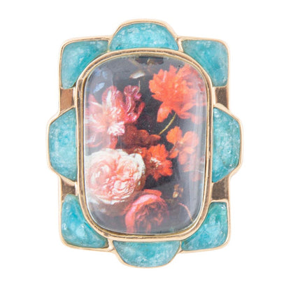 Scenic Red Florals Blue Apatite Golden Statement Ring Barse Jewelry