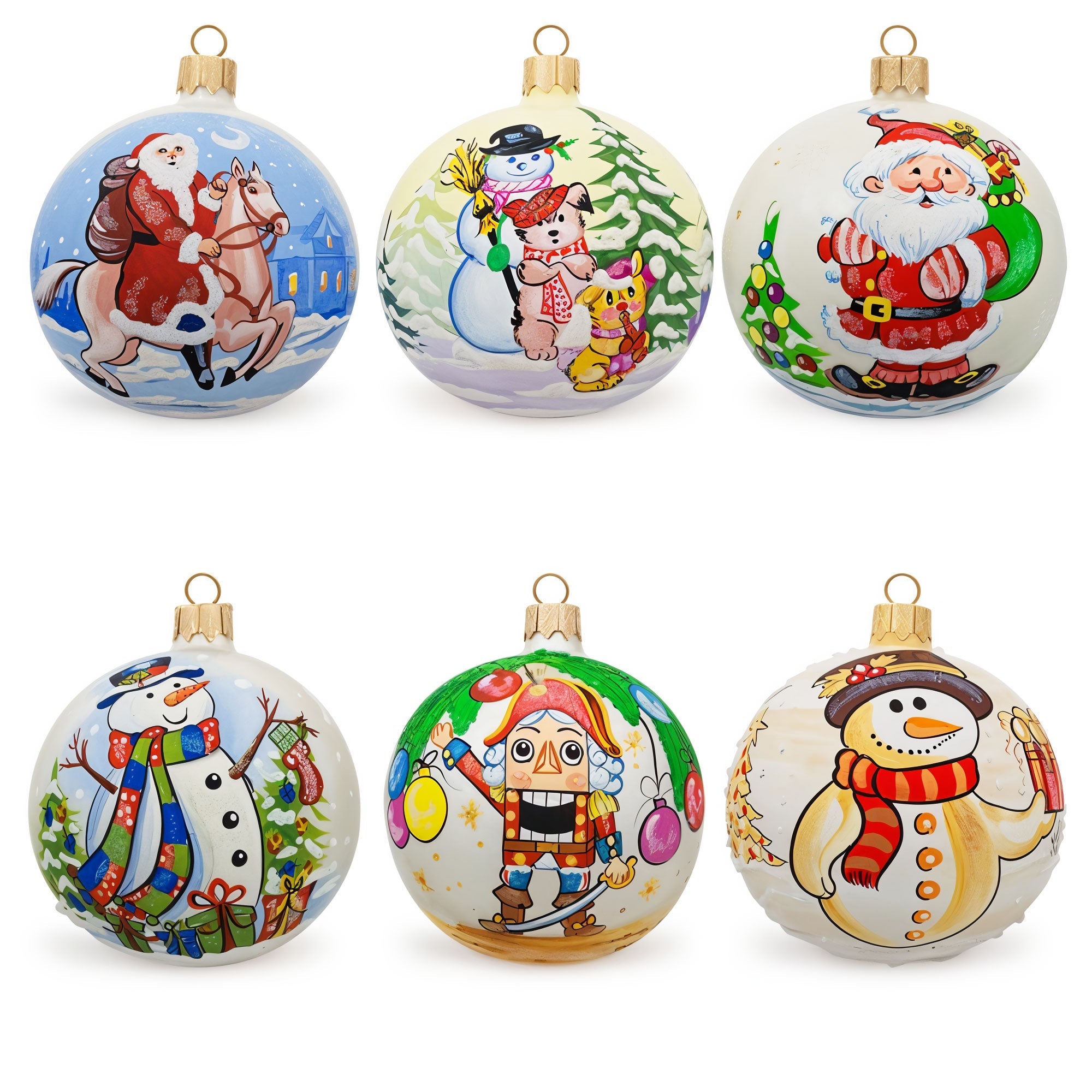 Set of 6 Glass Ball Christmas Ornaments - Snowmen, Santa's & Nutcracker BestPysanky