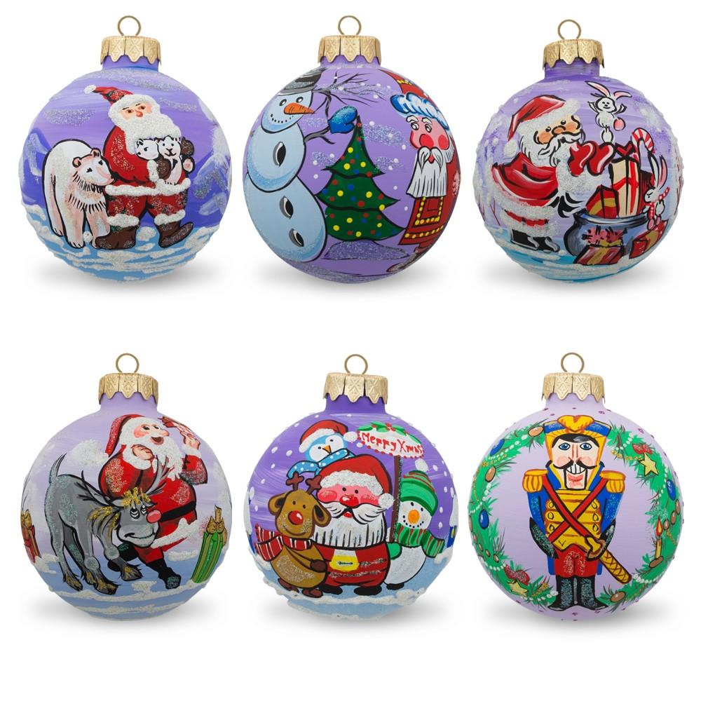 Set of 6 Santa Claus and Friends Glass Christmas Ornaments