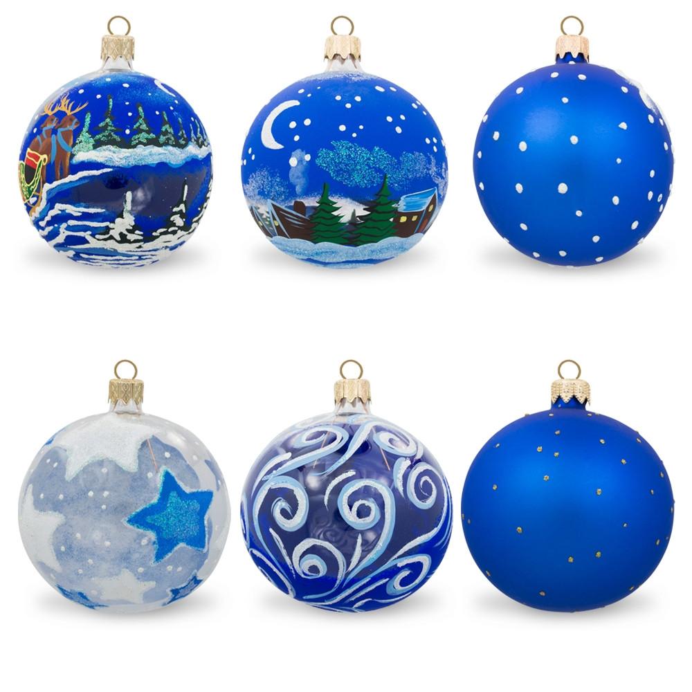 Set of 6 Santa, Reindeer, Snowman, Nutcracker, and Holiday Scenes Glass Christmas Ornaments