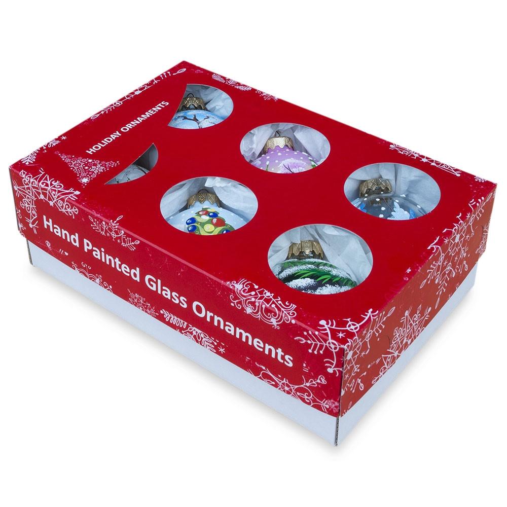 Set of 6 Santa, Reindeer, Snowman, Nutcracker, and Holiday Scenes Glass Christmas Ornaments