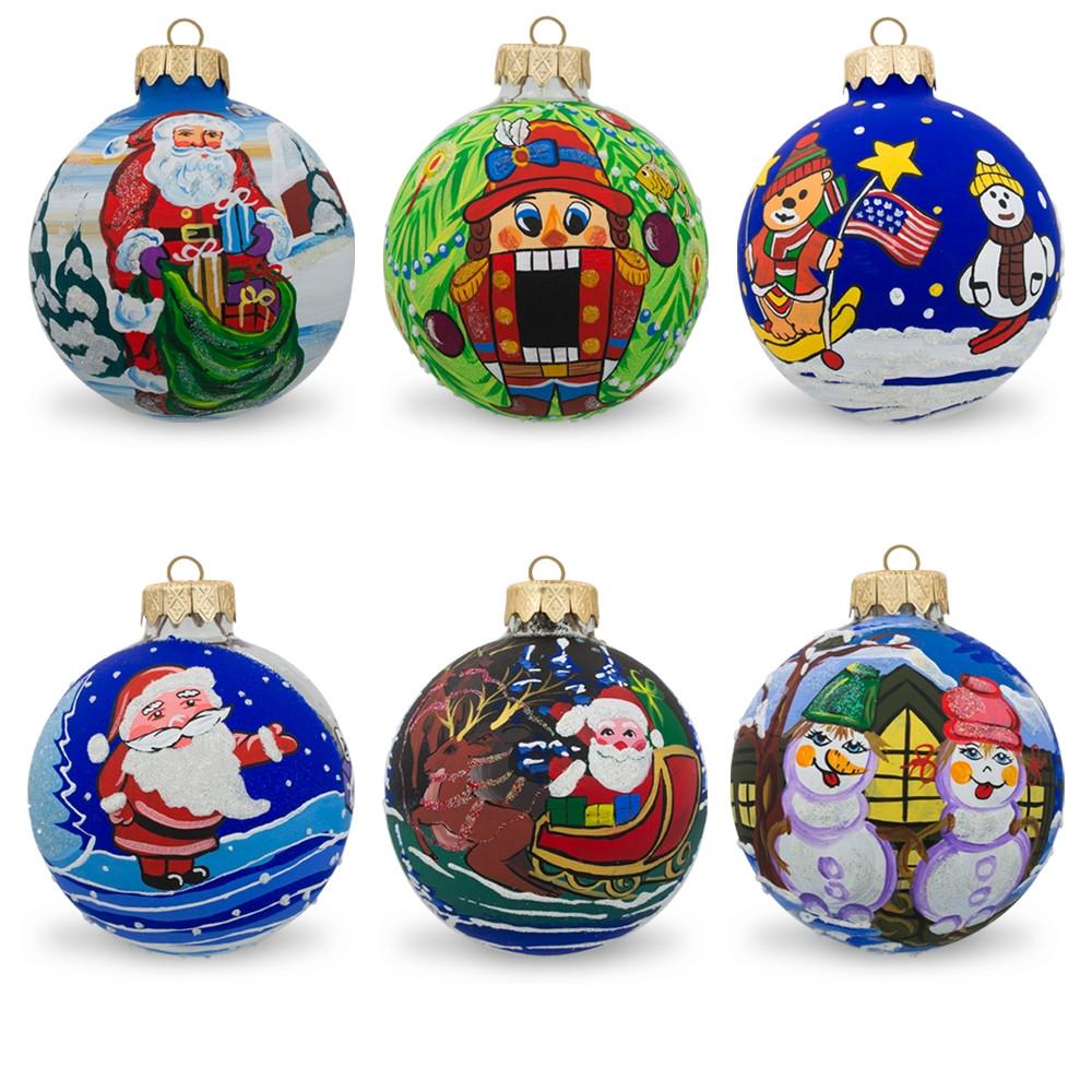 Set of 6 Snowman, Bear, Santa, Nutcracker Glass Ball Christmas Ornaments BestPysanky