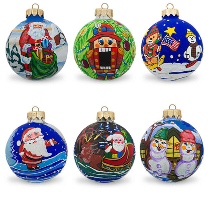 Set of 6 Snowman, Bear, Santa, Nutcracker Glass Ball Christmas Ornaments BestPysanky