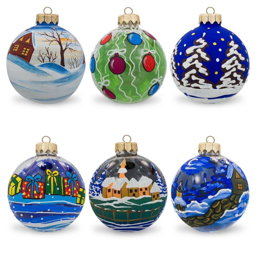 Set of 6 Snowman, Bear, Santa, Nutcracker Glass Ball Christmas Ornaments BestPysanky