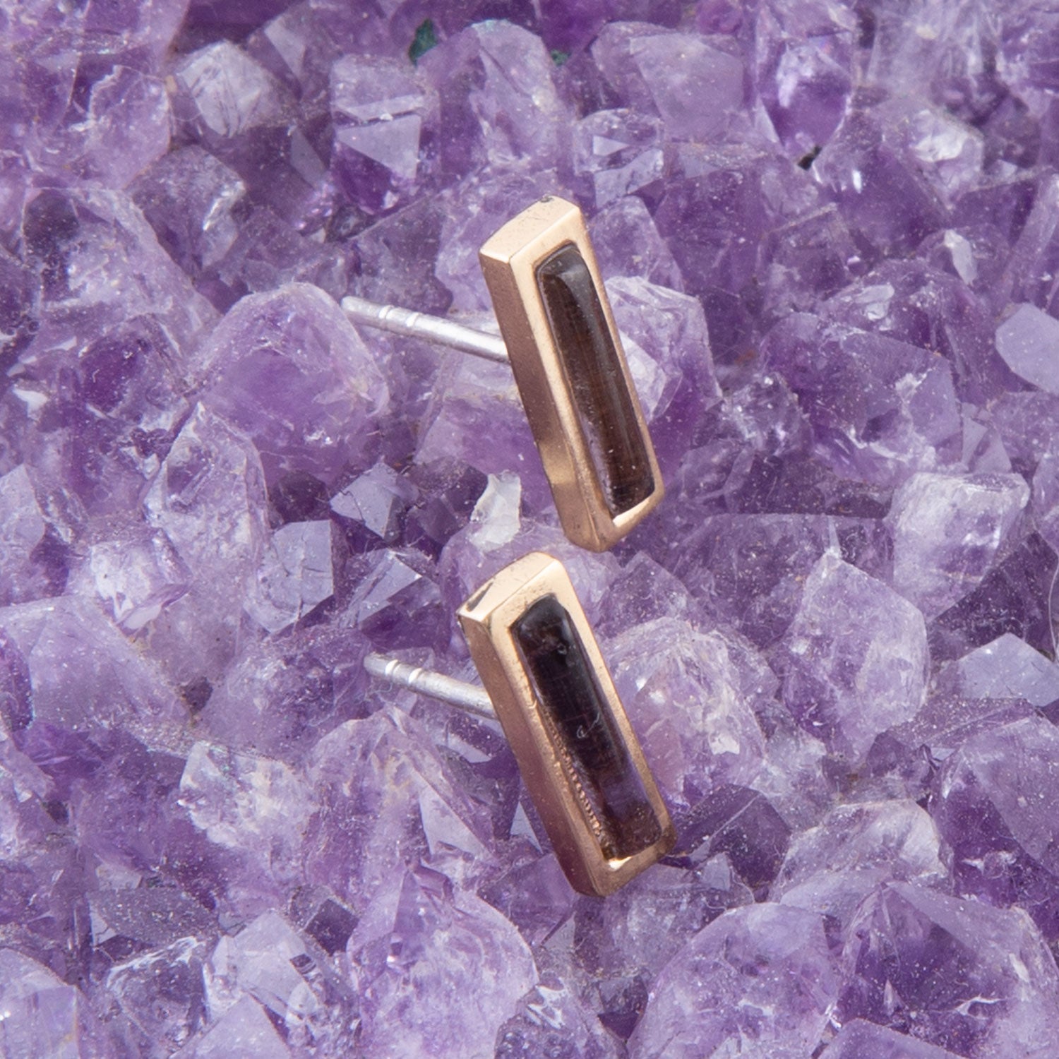 Short Linear Amethyst and Bronze Stud Barse Jewelry