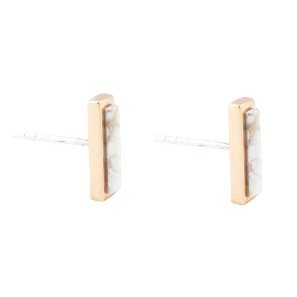 Short Linear White Picture Jasper and Bronze Stud Barse Jewelry