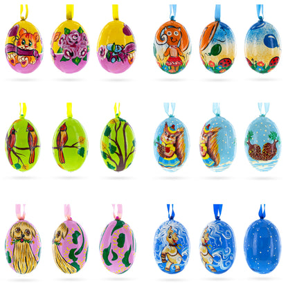 Set of 6, Dog, Cat, Cardinals Birds Wooden Christmas Ornaments 3 Inches