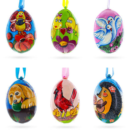 Set of 6- Dog, Birds, Hedgehog, Doves Wooden Christmas Ornaments 3 Inches