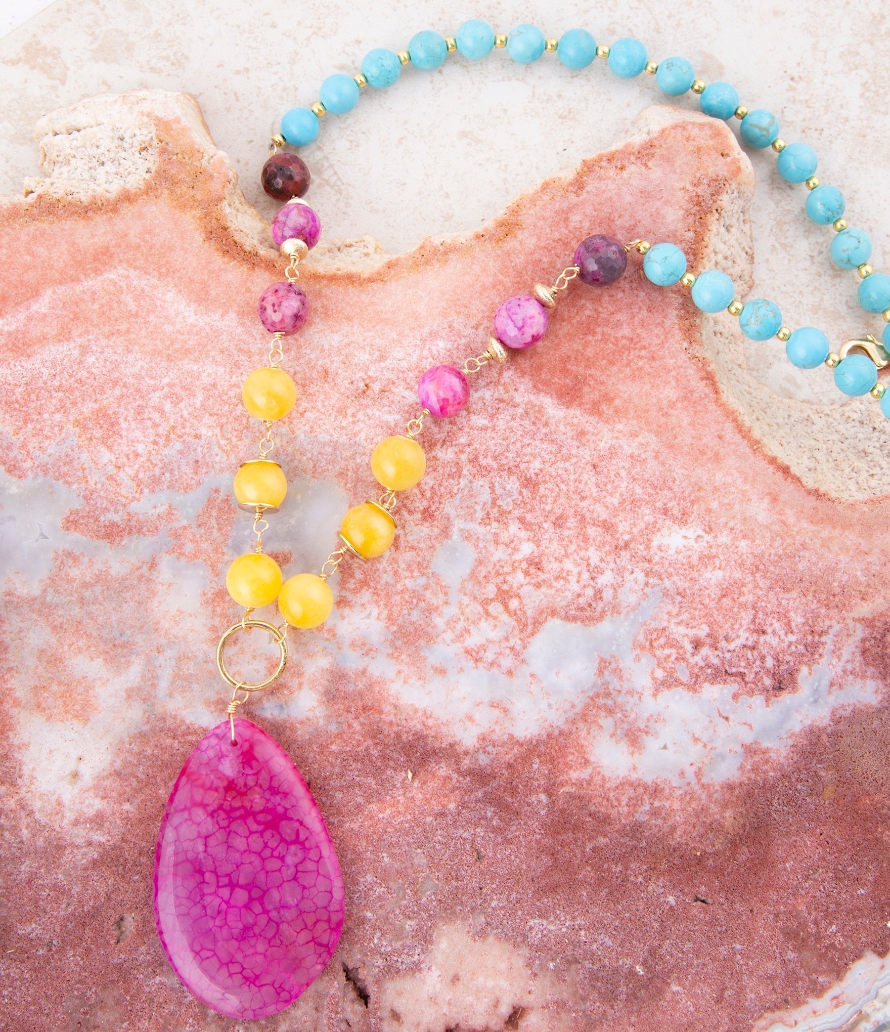 St. Augustine Pink Agate Golden Pendant Necklace Barse Jewelry