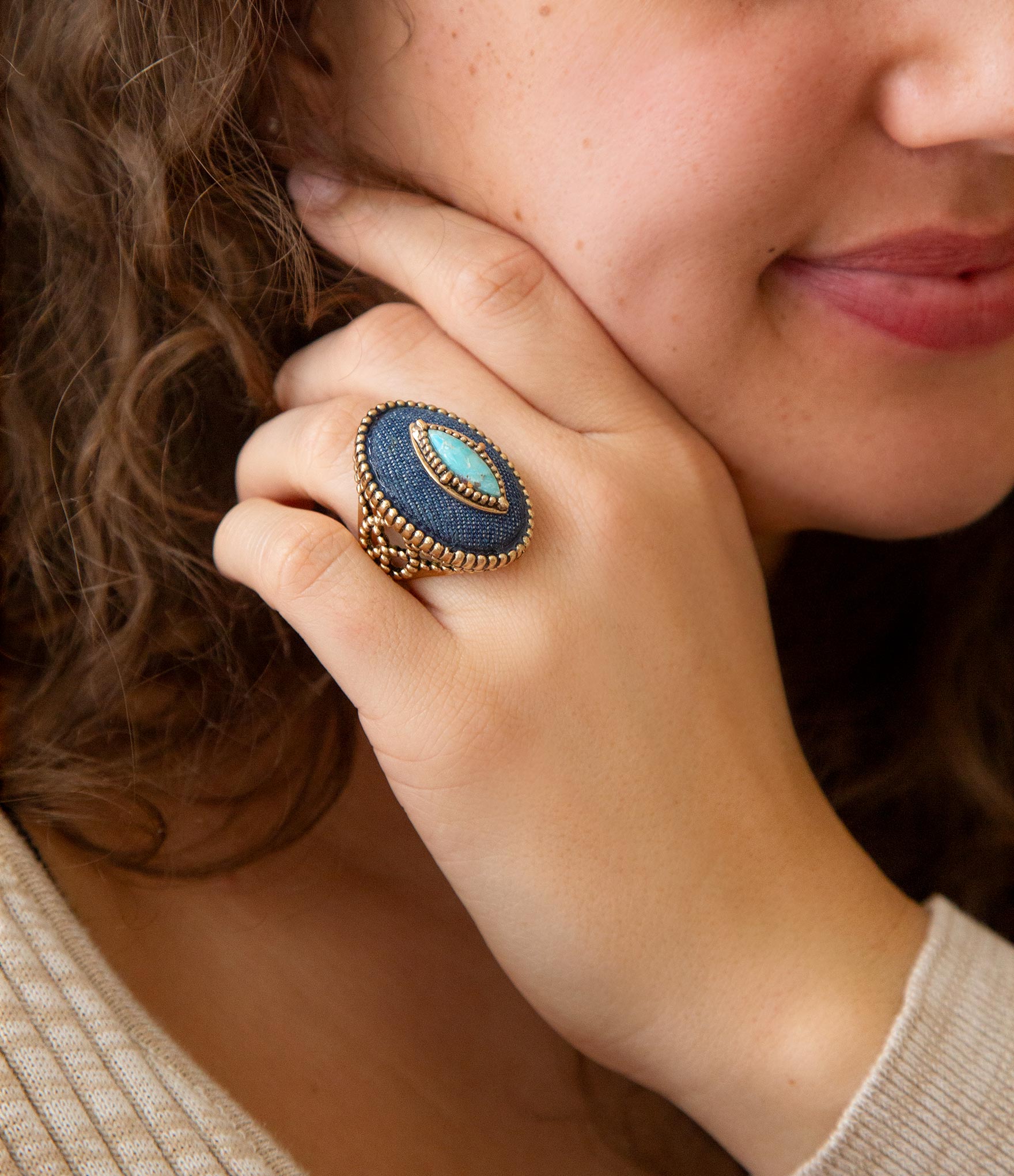 Stacked Blue Turquoise and Denim Golden Statement Ring Barse Jewelry