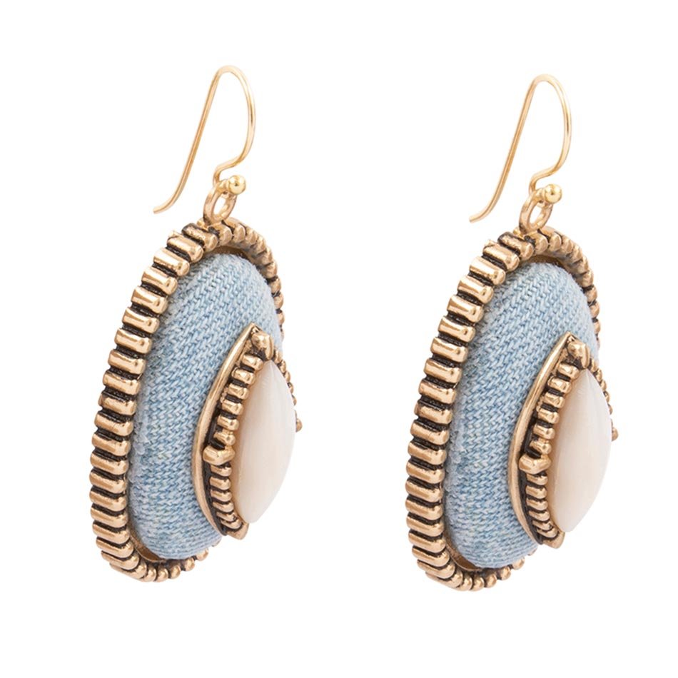 Blue Denim Dreams White Mother of Pearl Golden Drop Earrings Barse Jewelry