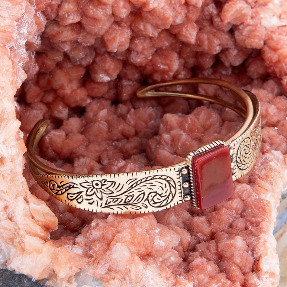 Stamped Orange Carnelian Golden Cuff Bracelet Barse Jewelry