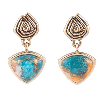 Swirled Blue Turquoise and Orange Sponge Coral Matrix Golden Post Earrings Barse Jewelry