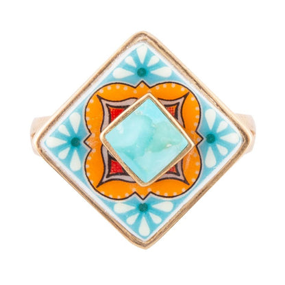 Talavera Tile Blue Turquoise Golden Ring Barse Jewelry