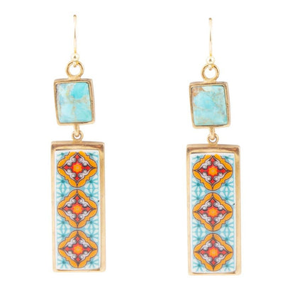 Talavera Tile and Blue Turquoise Golden Dangle Earrings Barse Jewelry