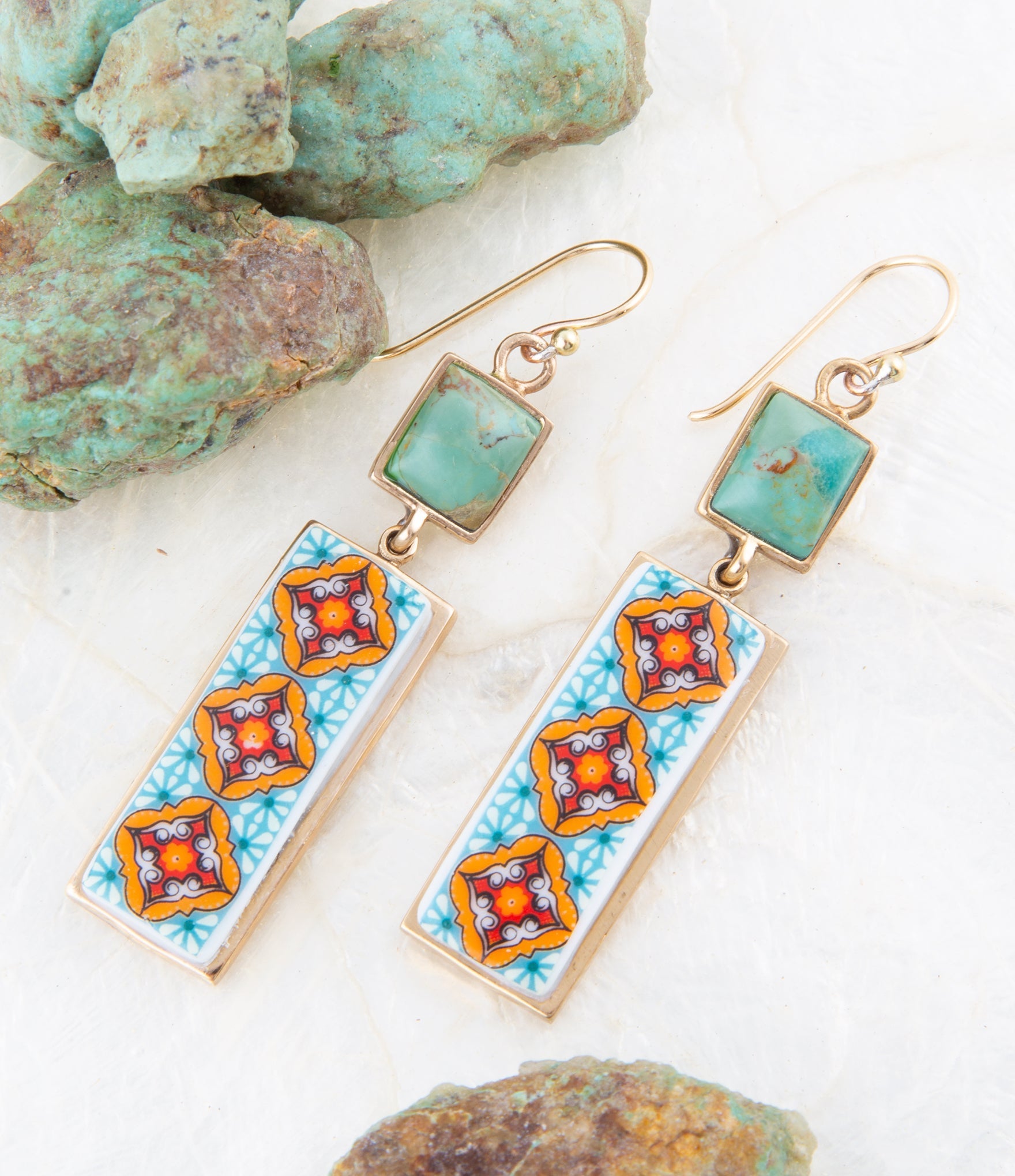 Talavera Tile and Blue Turquoise Golden Dangle Earrings Barse Jewelry