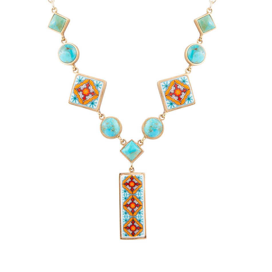 Talavera Tile and Blue Turquoise Golden Y-Neck Necklace Barse Jewelry