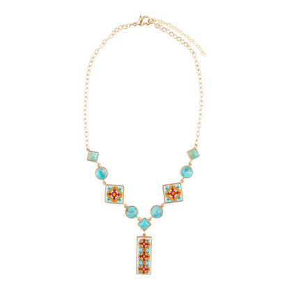 Talavera Tile and Blue Turquoise Golden Y-Neck Necklace Barse Jewelry