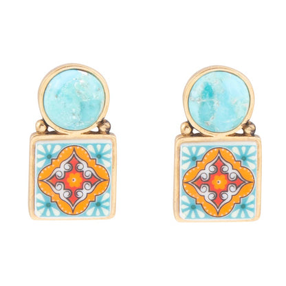 Talavera Tile Blue Turquoise Golden Drop Earrings Barse Jewelry