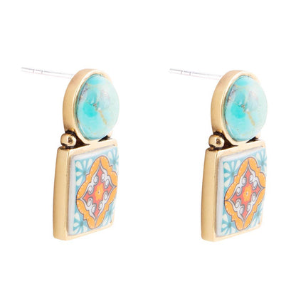 Talavera Tile Blue Turquoise Golden Drop Earrings Barse Jewelry