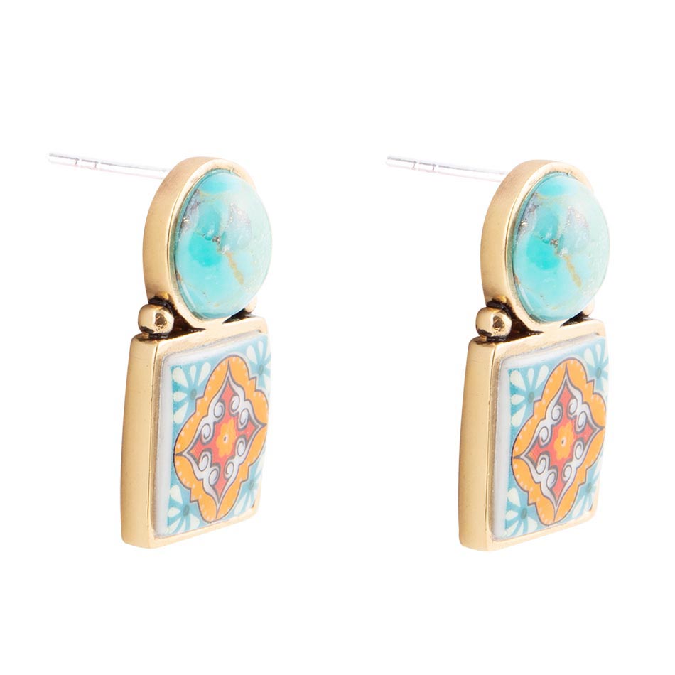 Talavera Tile Blue Turquoise Golden Drop Earrings Barse Jewelry