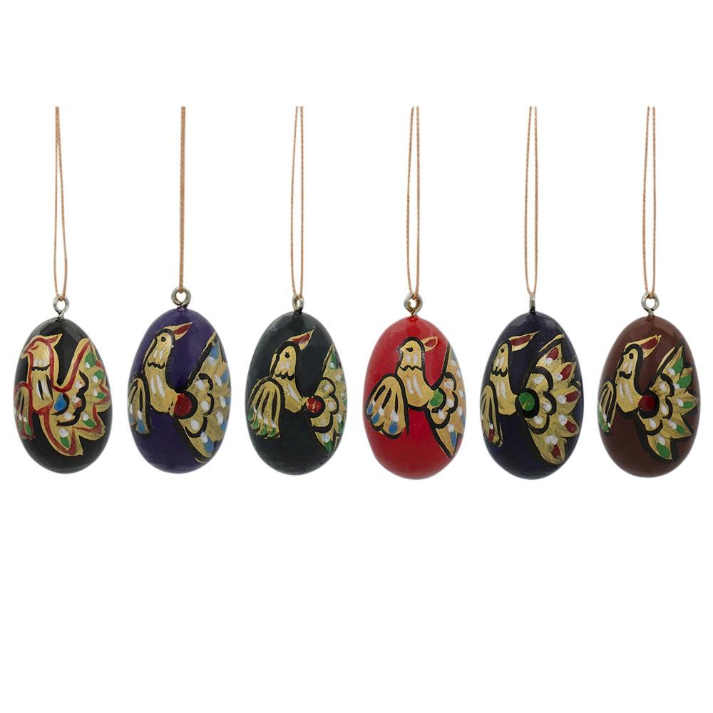 Set of 6 Golden Birds Egg Shape Wooden Christmas Ornaments 1.5 Inches