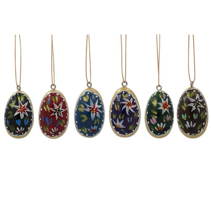 Set of 6 Flowers Wooden Egg Shape Christmas Ornaments 1.5 Inches