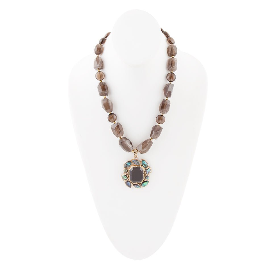 Tribecca Blue Abalone and Black Smoky Quartz Golden Statement Necklace Barse Jewelry