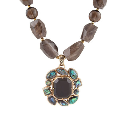 Tribecca Blue Abalone and Black Smoky Quartz Golden Statement Necklace Barse Jewelry