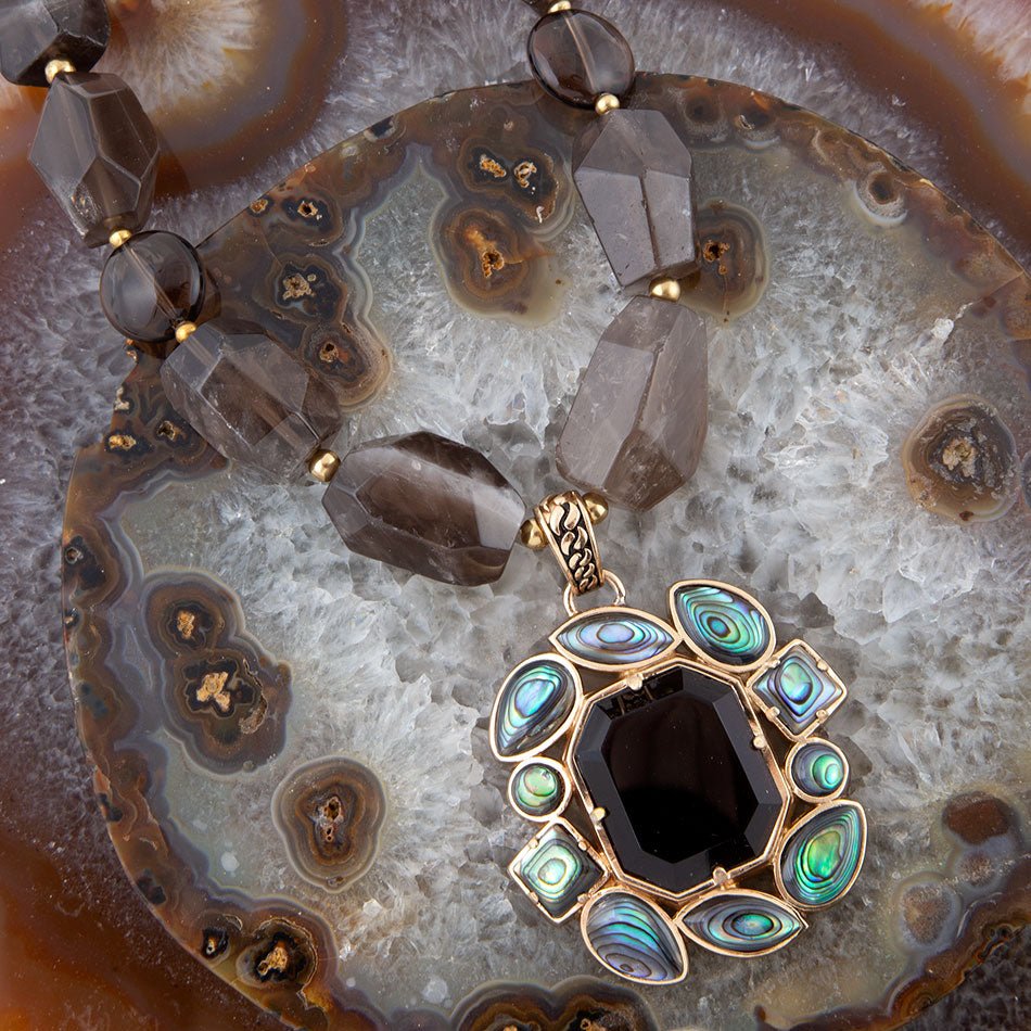 Tribecca Blue Abalone and Black Smoky Quartz Golden Statement Necklace Barse Jewelry