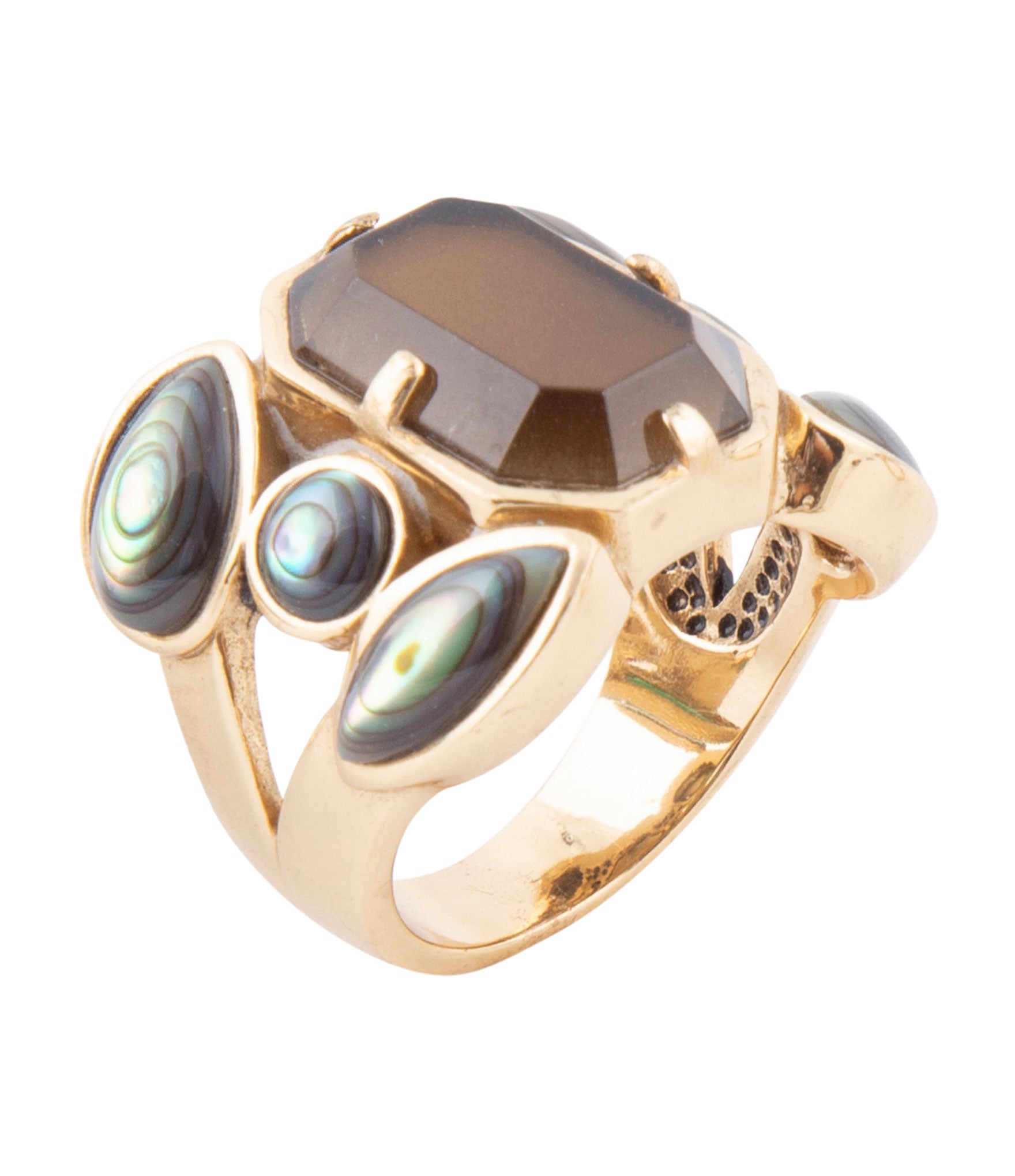 Tribecca Smoky Brown Quartz and Abalone Statement Golden Ring Barse Jewelry