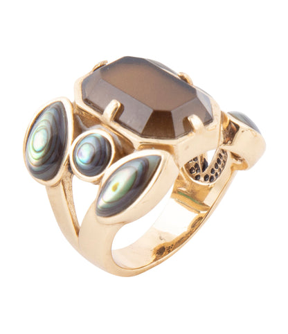 Tribecca Smoky Brown Quartz and Abalone Statement Golden Ring Barse Jewelry