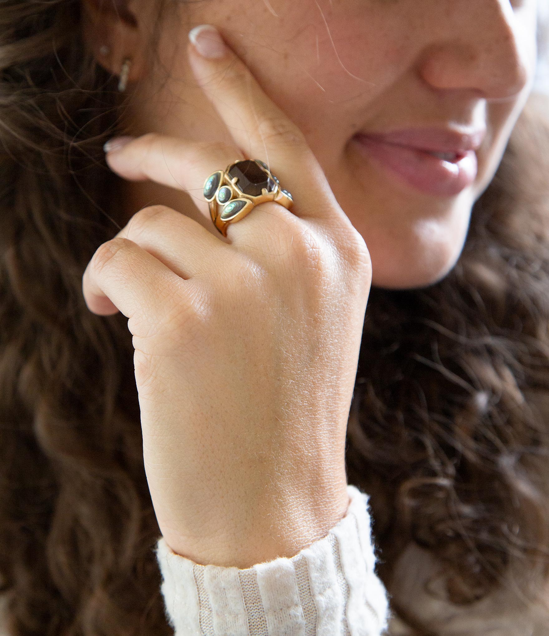 Tribecca Smoky Brown Quartz and Abalone Statement Golden Ring Barse Jewelry