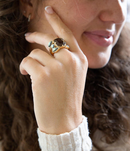 Tribecca Smoky Brown Quartz and Abalone Statement Golden Ring Barse Jewelry