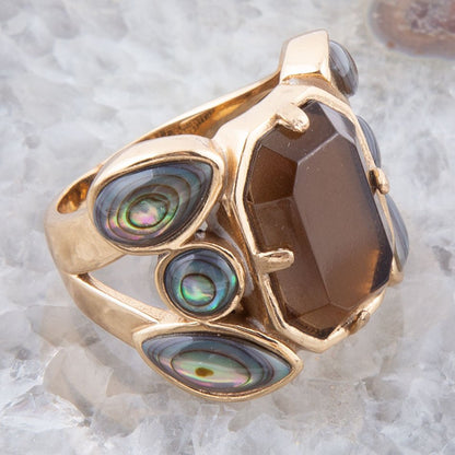 Tribecca Smoky Brown Quartz and Abalone Statement Golden Ring Barse Jewelry