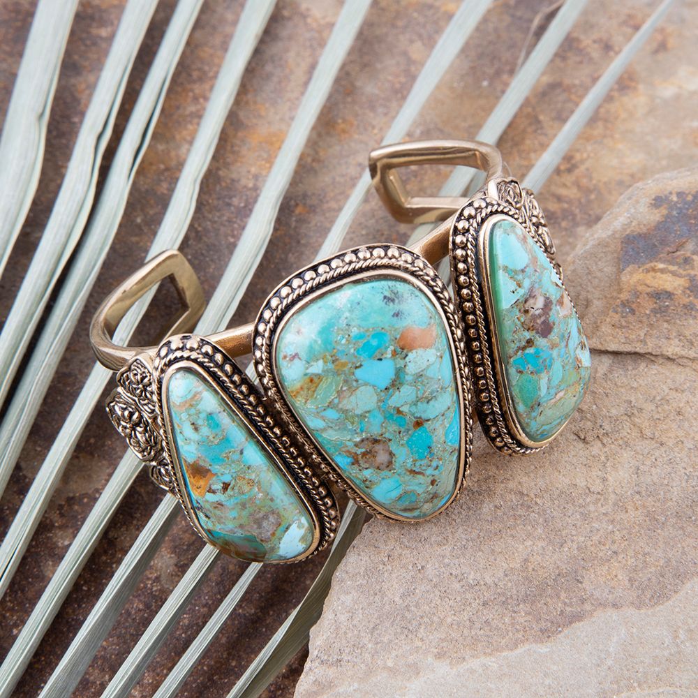 Trio Blue Turquoise Golden Cuff Bracelet Barse Jewelry