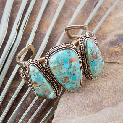 Trio Blue Turquoise Golden Cuff Bracelet Barse Jewelry