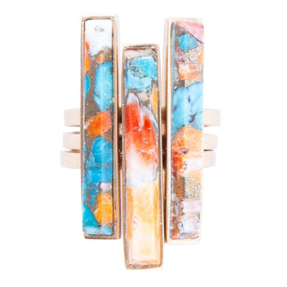 Triple Threat Blue Turquoise Orange Spiny Oyster Matrix Golden Ring Set Barse Jewelry