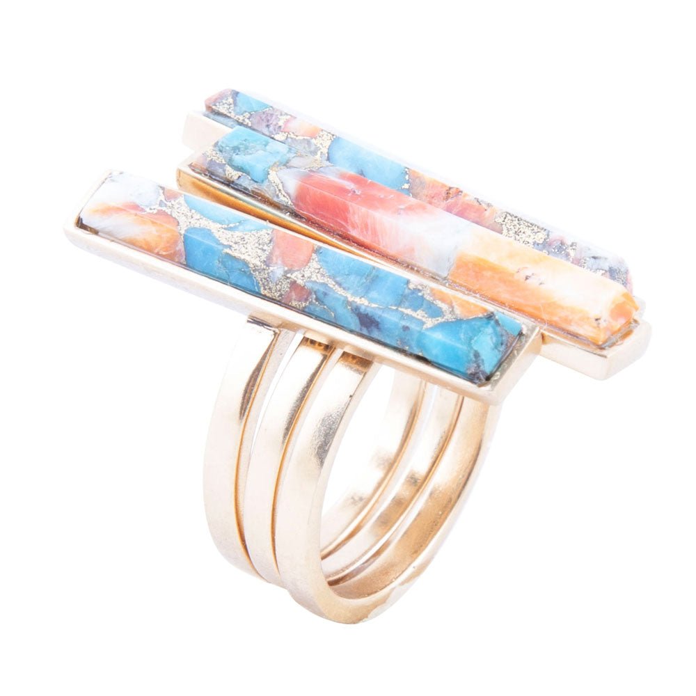 Triple Threat Blue Turquoise Orange Spiny Oyster Matrix Golden Ring Set Barse Jewelry