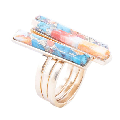 Triple Threat Blue Turquoise Orange Spiny Oyster Matrix Golden Ring Set Barse Jewelry