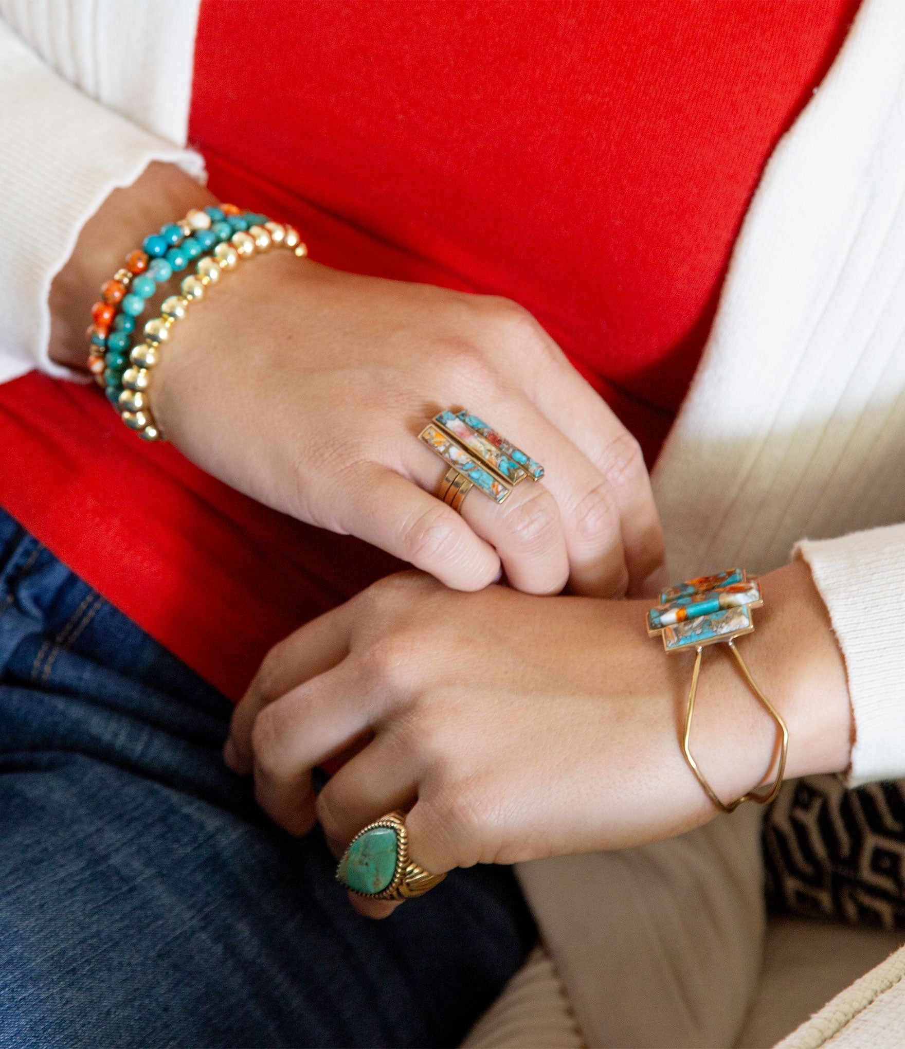 Triple Threat Blue Turquoise Orange Spiny Oyster Matrix Golden Ring Set Barse Jewelry