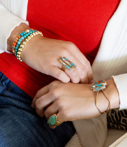 Triple Threat Blue Turquoise Orange Spiny Oyster Matrix Golden Ring Set Barse Jewelry