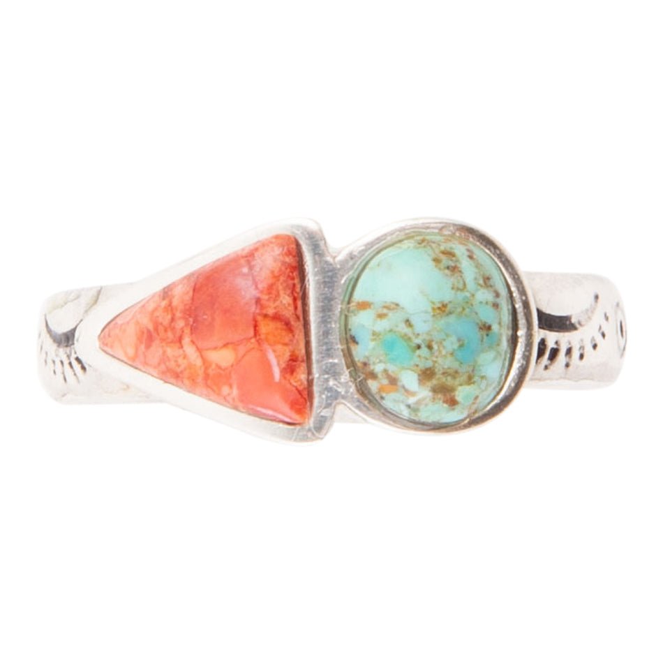 Blue Turquoise and Orange Coral Duo Sterling Silver Ring Barse Jewelry