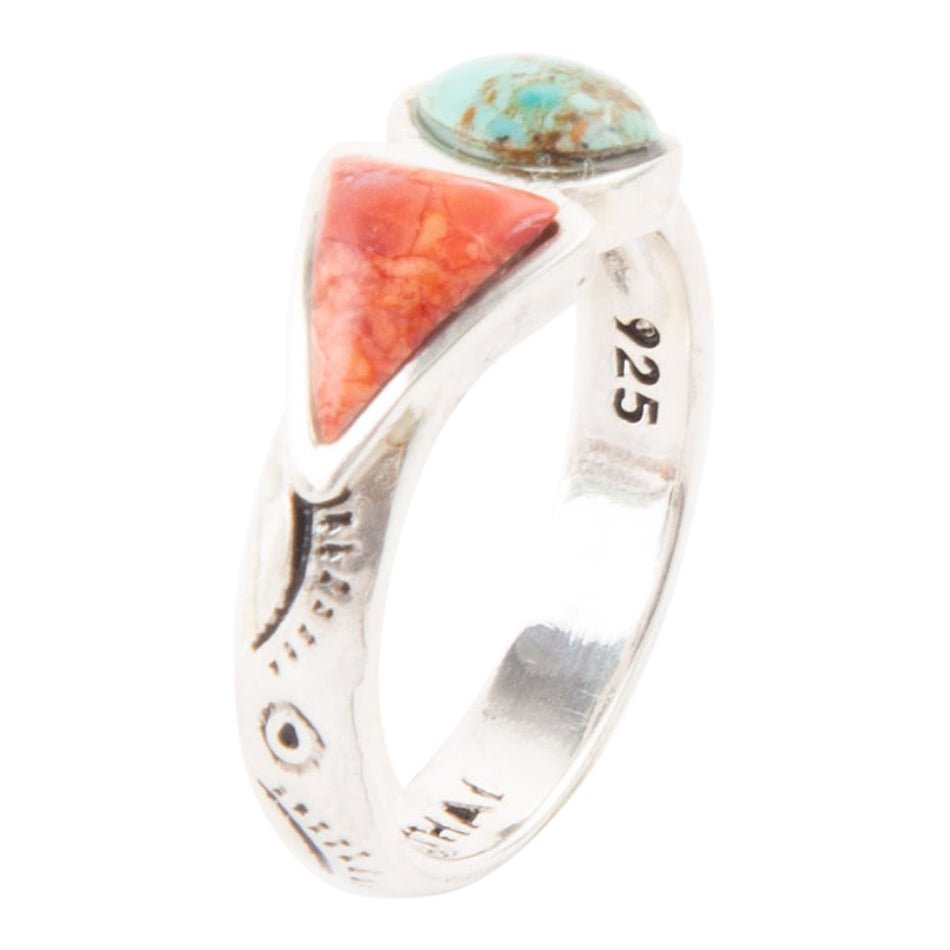 Blue Turquoise and Orange Coral Duo Sterling Silver Ring Barse Jewelry