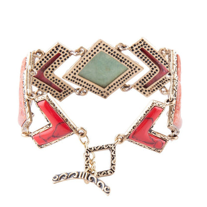 Green Turquoise and Coral Tapestry Golden Link Bracelet Barse Jewelry